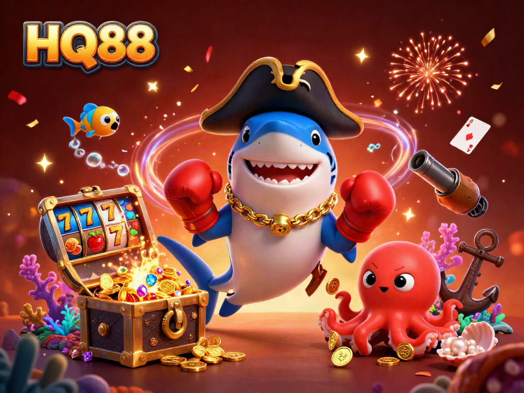 Join the fun at HQ88 with a vibrant underwater casino scene featuring a shark, pufferfish, and octopus.