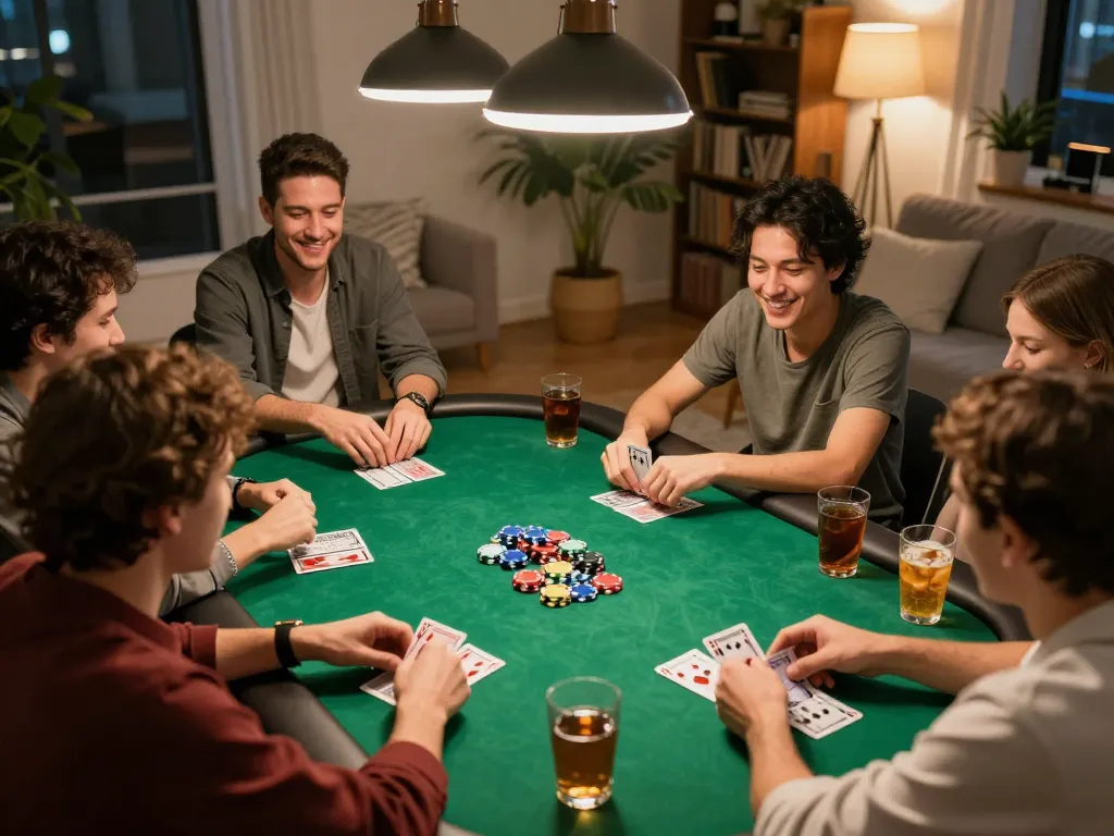 Players enjoying fun 79 poker night, lively atmosphere with colorful chips and cards.