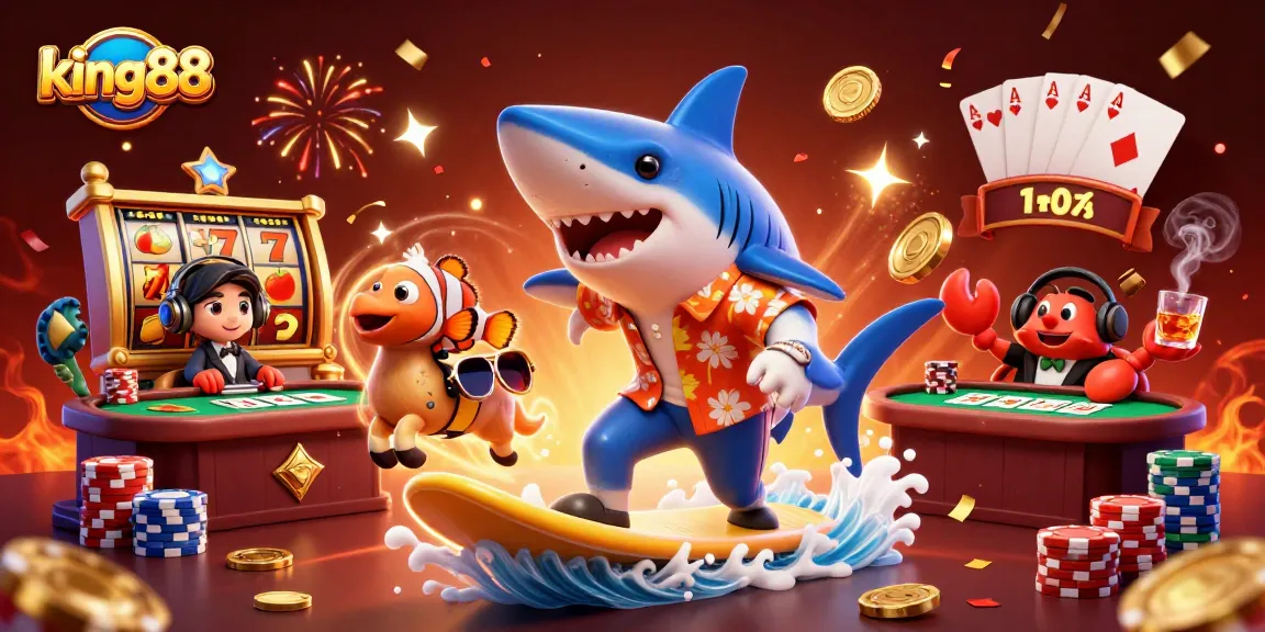 Join the king88 adventure as the shark surfs gold coins amidst vibrant casino elements in this lively scene.