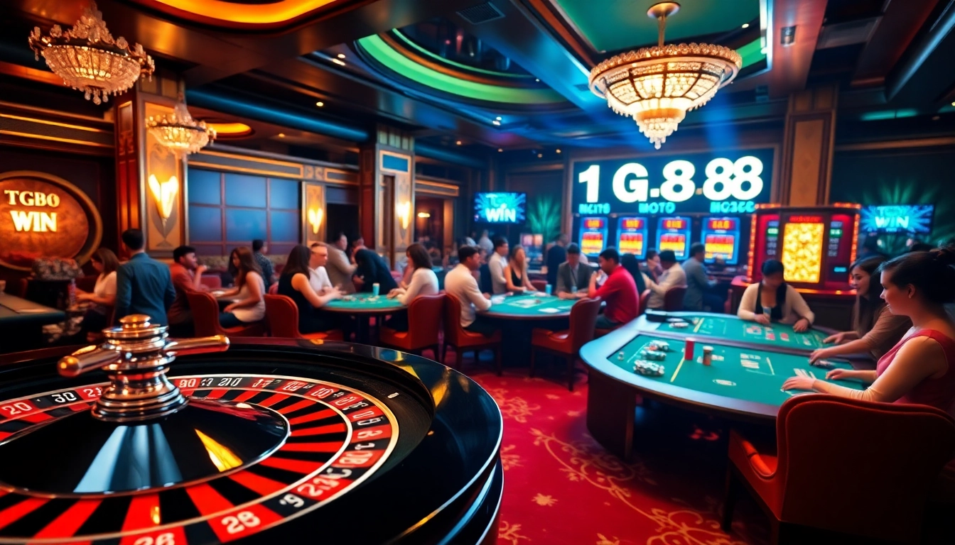 Experience the excitement at tg88 win casino with vibrant card tables and roulette wheels!