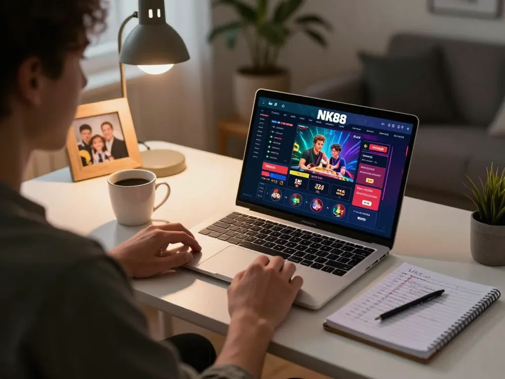 Engaging in strategic online gambling at NK88 with vibrant gaming interface and cozy setting.