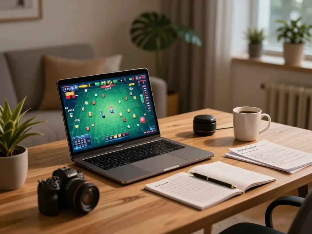 Tài Xỉu online gameplay on a laptop in a cozy home office setting with betting strategy notes.