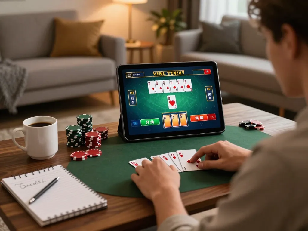 Engaging in online poker at bl555 com, showcasing a cozy home gaming setup with a tablet.