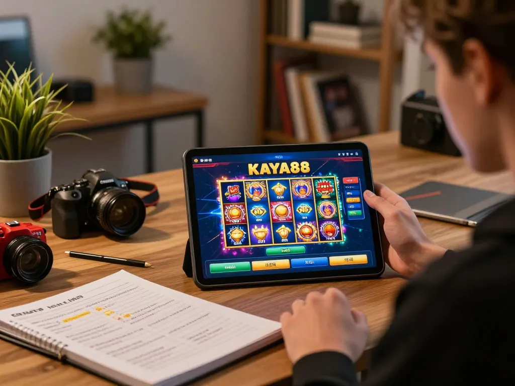 KAYA88 player enjoying online slots at home, showcasing vibrant gameplay and strategic focus.