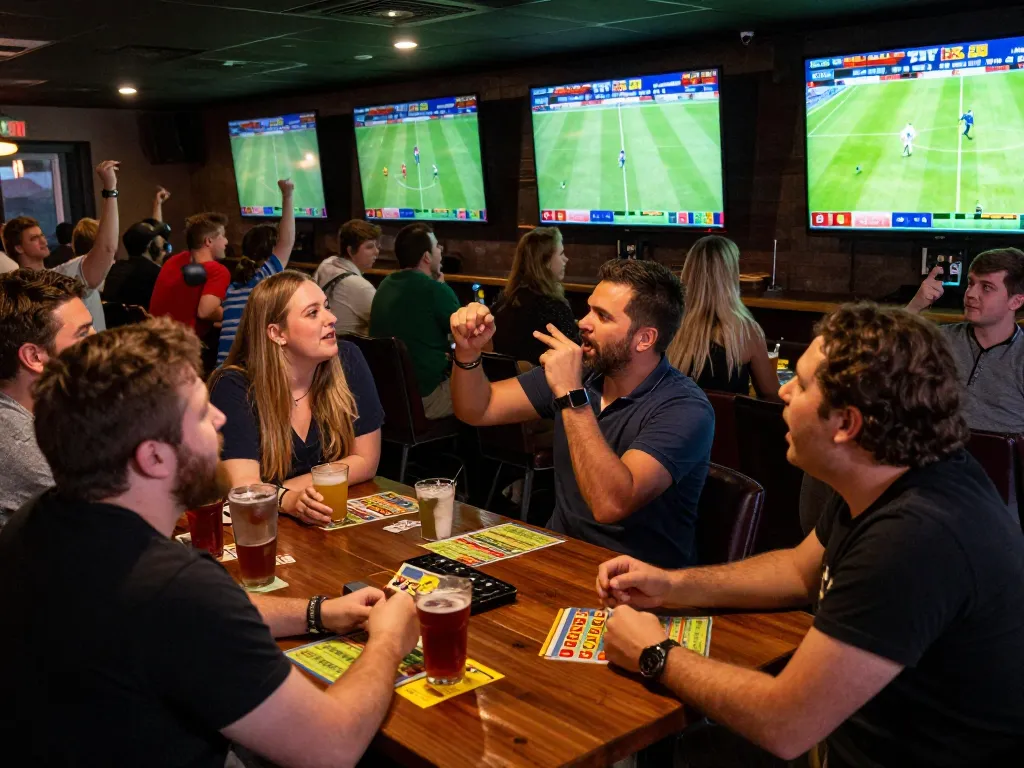 Engaged patrons using resultsfootball to place bets while enjoying a lively sports betting atmosphere