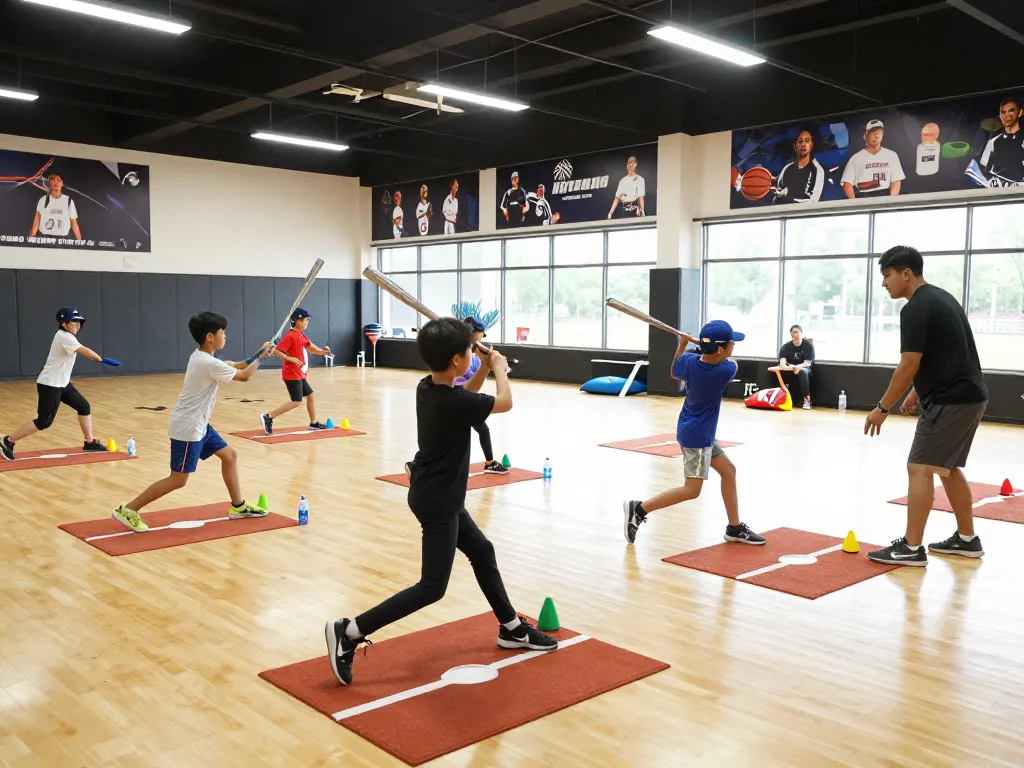 Young athletes training at HitClub's baseball facility, showcasing dynamic hitting practice and team coaching.