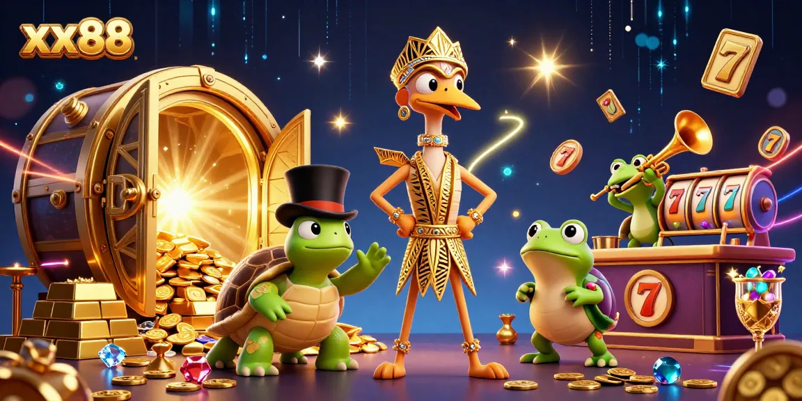 Experience the excitement of xx88 with lively characters in a glamorous casino scene filled with riches and slot games.