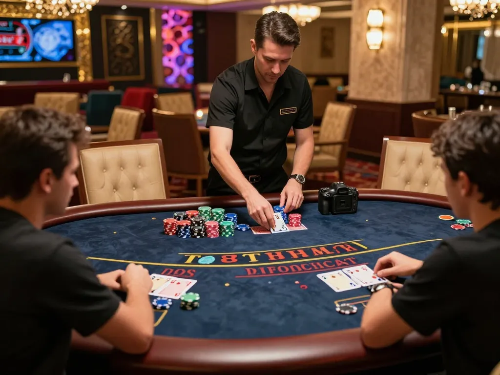 Intense game at Nhà cái 33WIN blackjack table, engaging players and dynamic dealer actions.