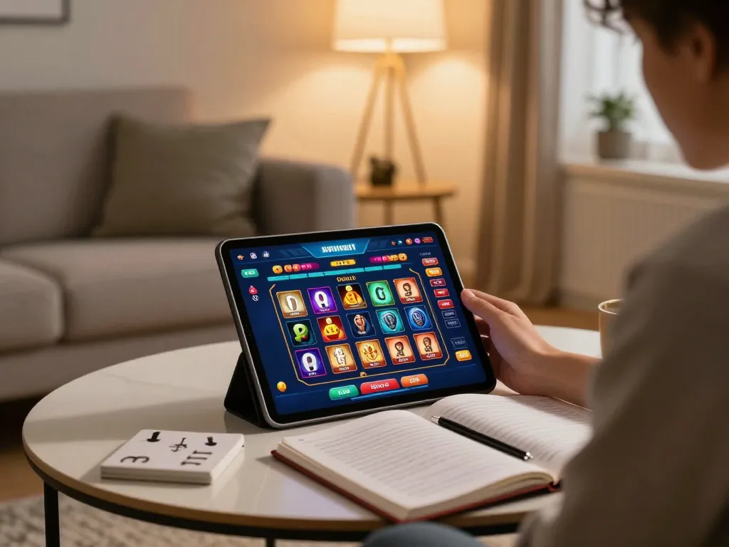 Player engaging with the 78 win casino app on a tablet, focused on strategic bets in a cozy setting.