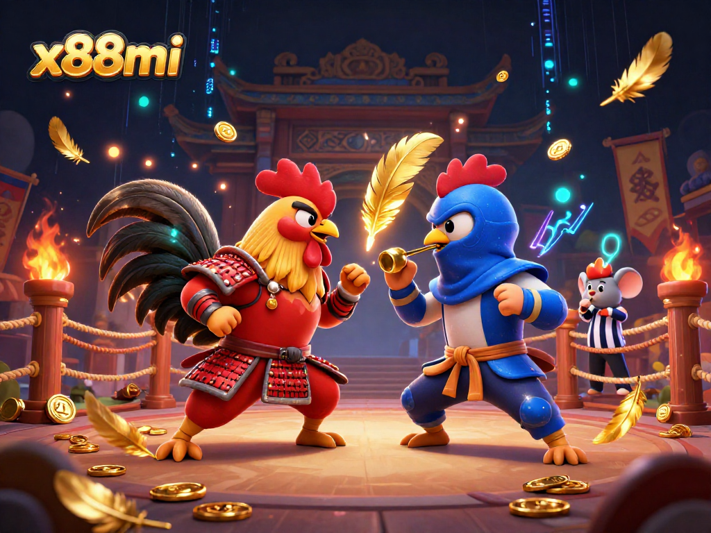 x88mi showcases roosters in a dramatic standoff surrounded by gaming and casino elements.