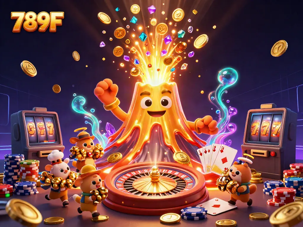 Experience the excitement at 789F with a vibrant scene of a golden volcano erupting treasures, casino elements, and jubilant animals.