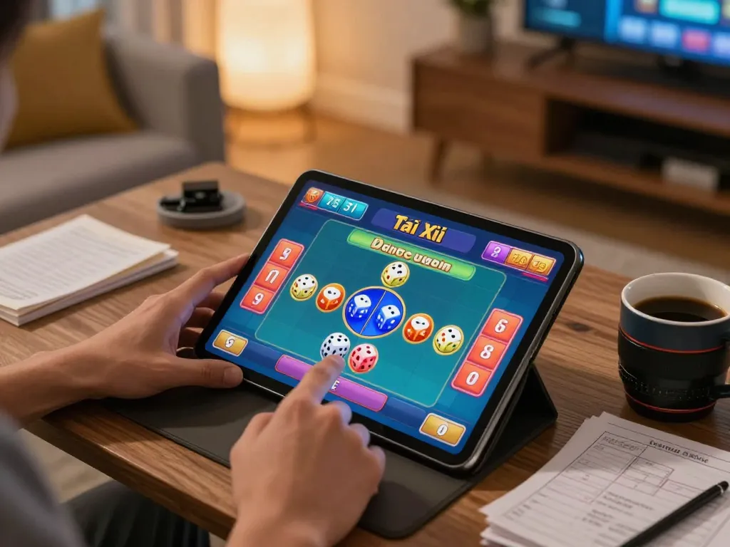 Tài Xỉu Sunwin gameplay on a tablet, showcasing an exciting online gambling experience in a cozy home setup.