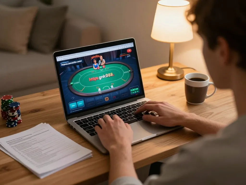 Engaged in online gambling on https://gnk88.com/ while analyzing poker strategies at home desk