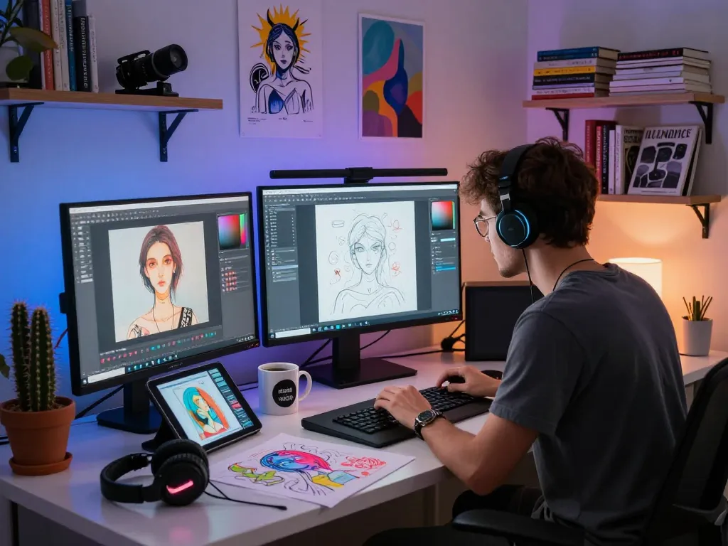 Creating AI porn in a vibrant digital art studio filled with tools and sketches.