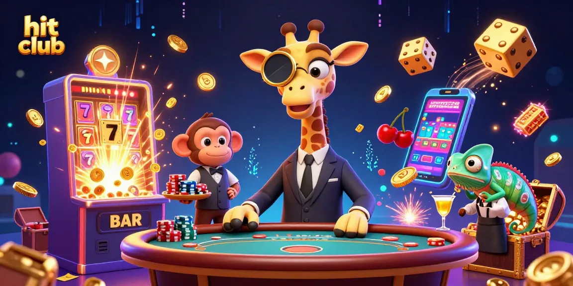 A high-roller giraffe at hit club plays poker while a monkey valet carries chips and a chameleon mixes drinks.