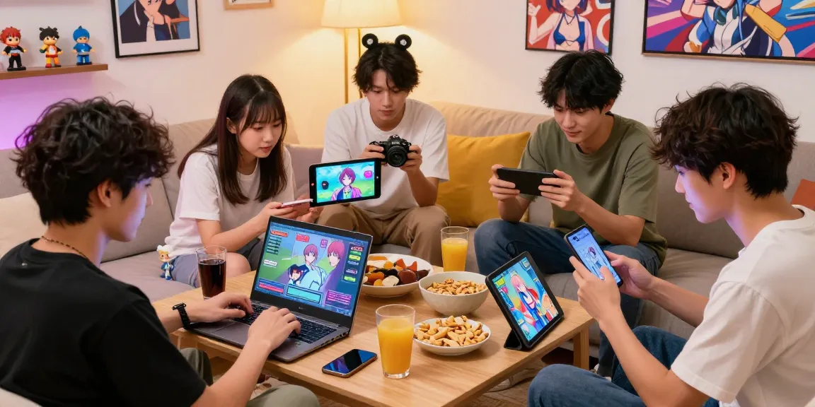 Friends enjoying free ecchi games on various devices in a cozy living room setting.