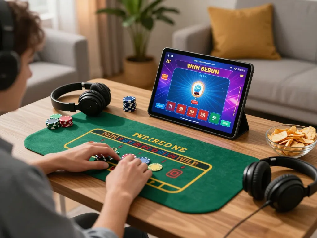 Player enjoying live dealer games on luck8 tablet in cozy home environment, showcasing online gambling.