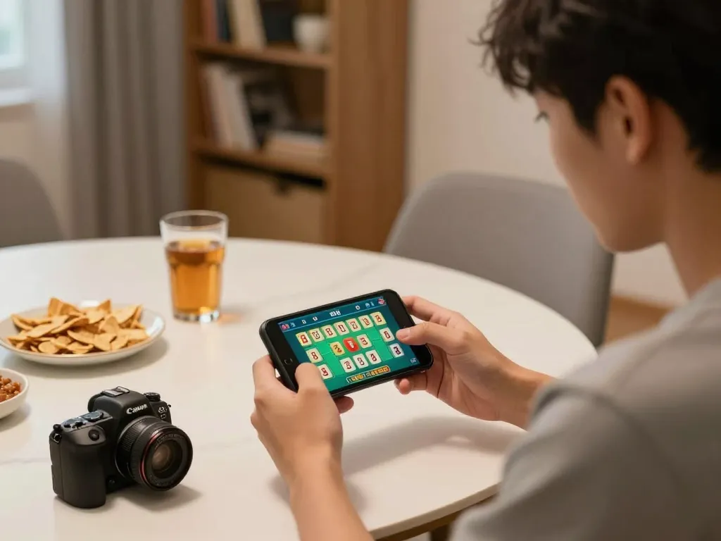 Engaged player strategizing in tài xỉu online game on a smartphone at home, showcasing a relaxed gambling atmosphere.