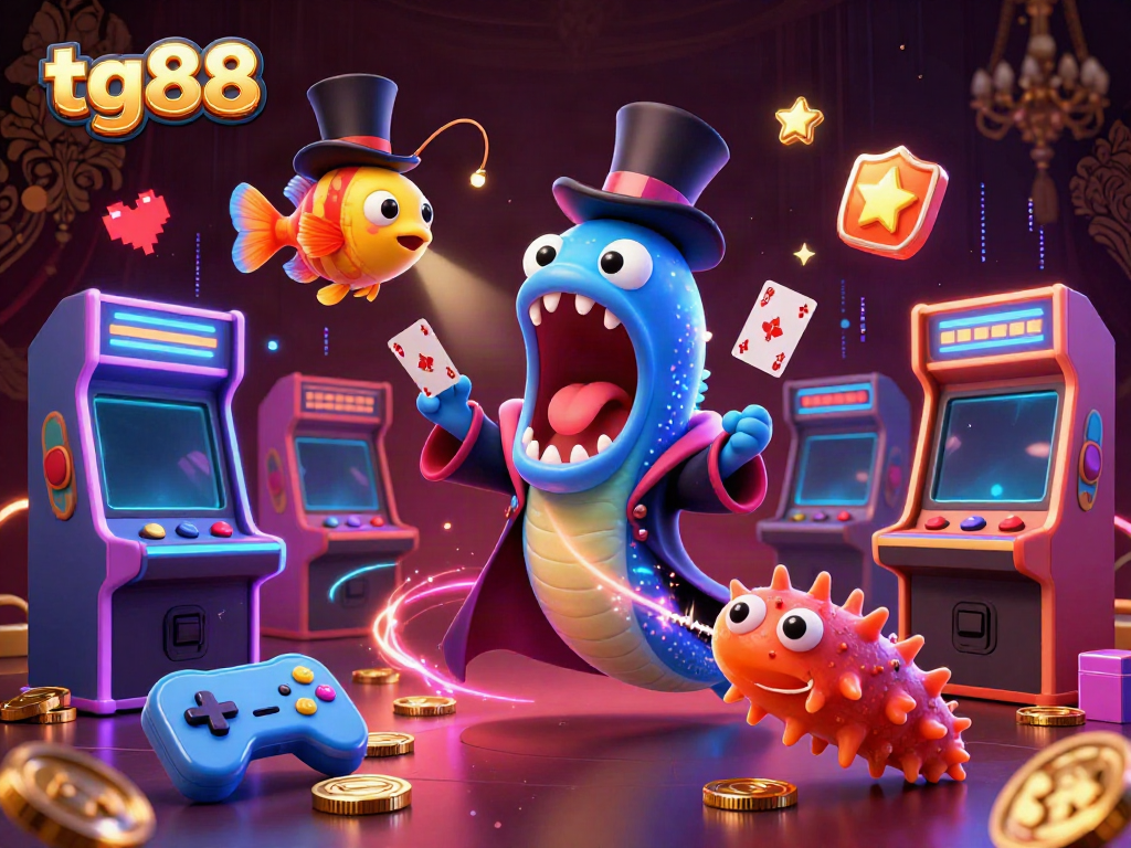 Engaging tg88 online casino scene with bioluminescent eel performing magic tricks.