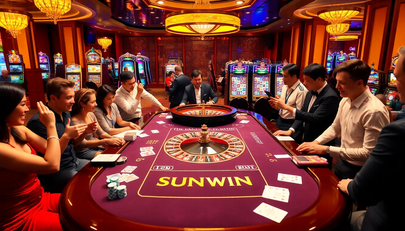 SUNWIN gaming table surrounded by players enjoying vibrant casino activities.