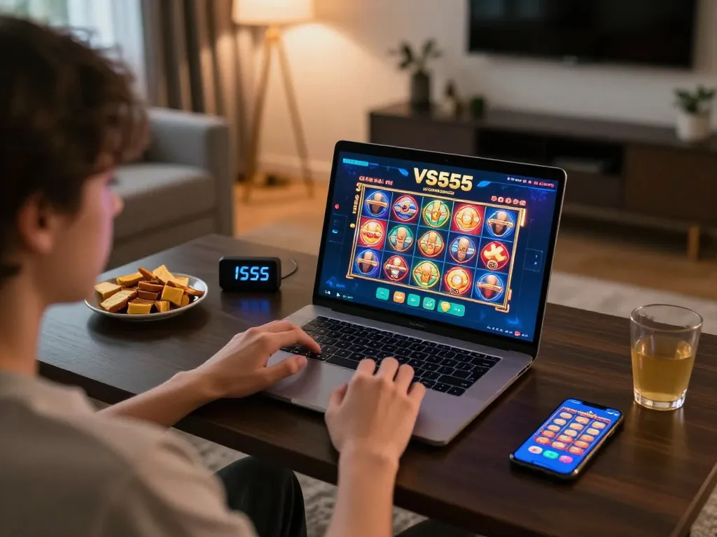 Engaging in VS555 online casino gaming with laptop and mobile app in a cozy home setting
