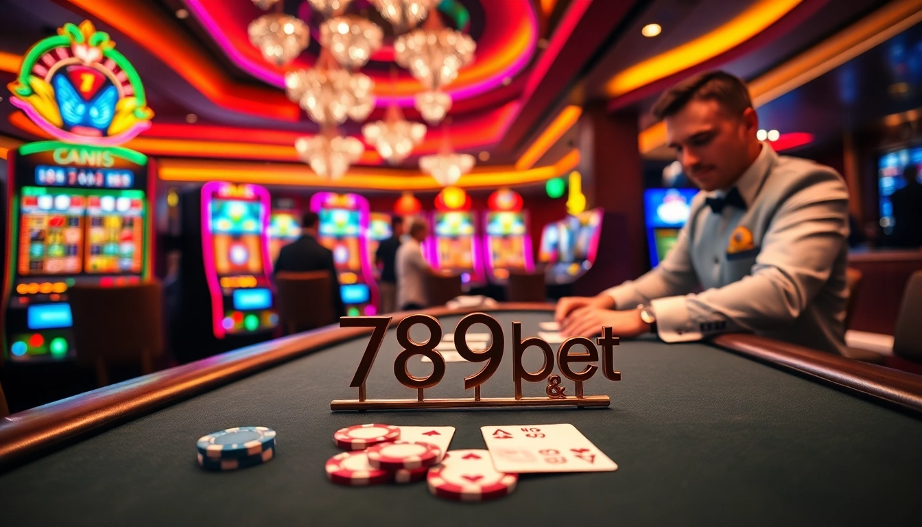 Experience thrilling gambling action at 789bet's luxurious casino with colorful slot machines and attentive dealers.
