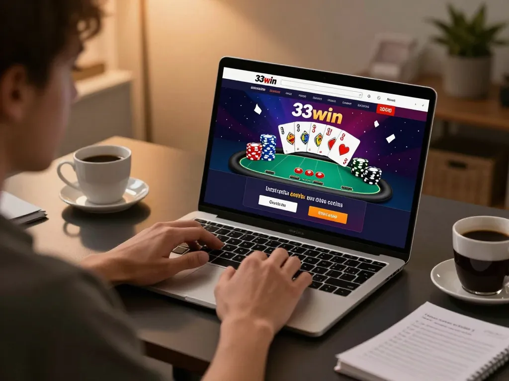 Engaged user playing poker on 33win online casino platform at home, focused on strategic gameplay.