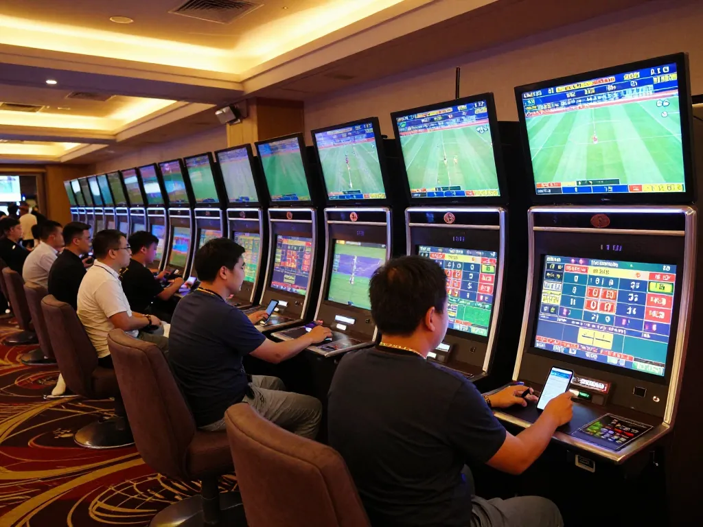 Engaged bettors exploring keo nha cai odds in a lively casino sports betting area.
