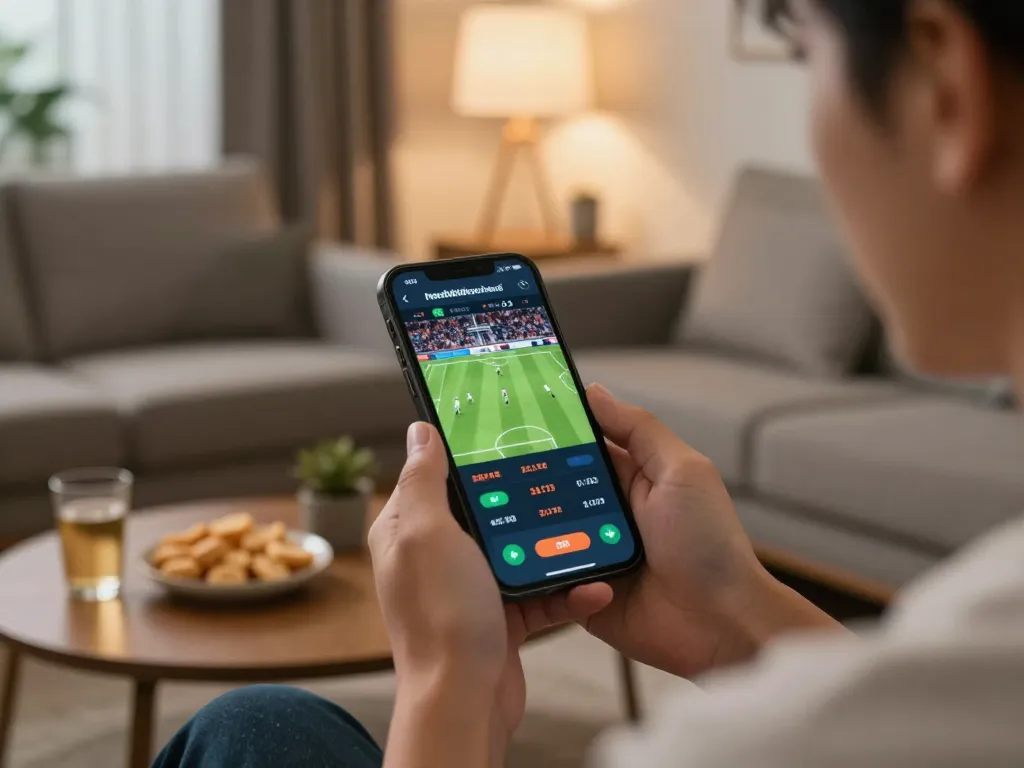 Person using the nhandinhkeonhacai app to place a bet on a live soccer match