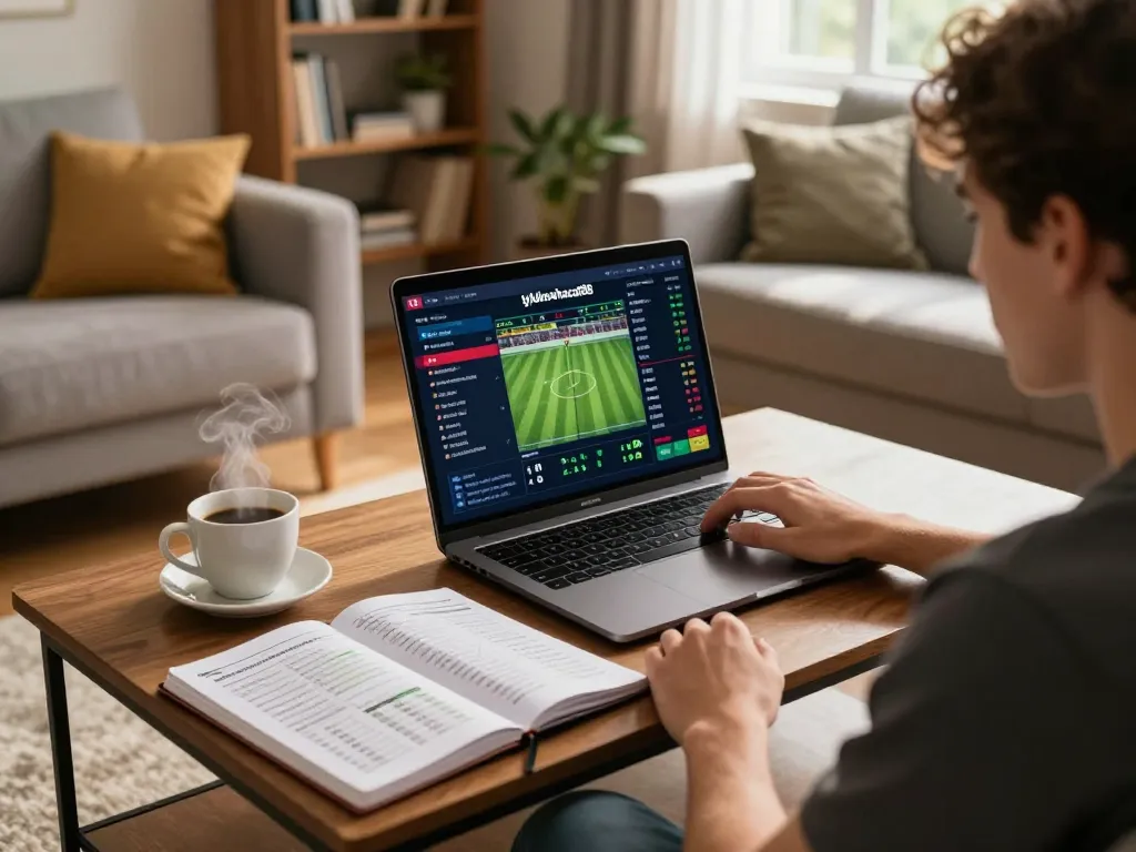 Engaged gambler analyzing odds on tylekeonhacai88 while using a laptop in a cozy home setting.