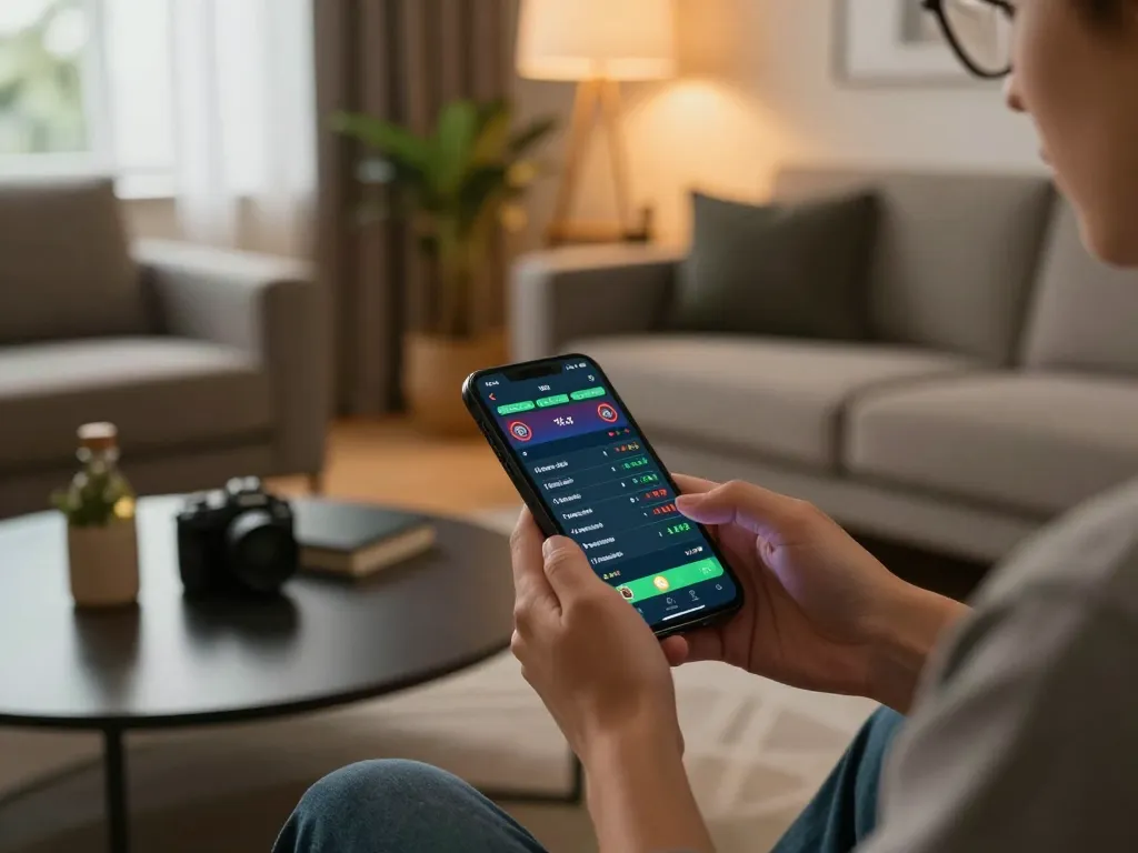 Engaging sports betting moment using ALO8 COM app on smartphone in a cozy home setting