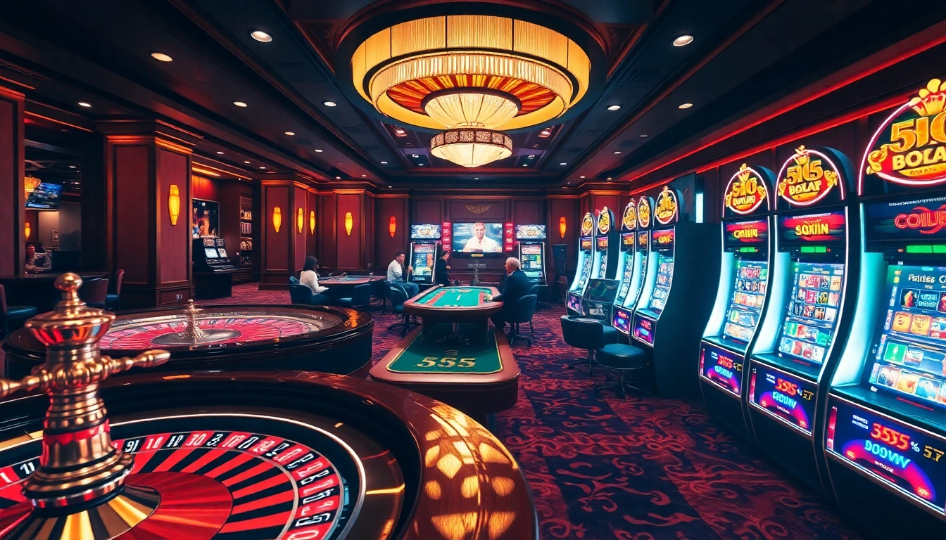 Experience the excitement of 555win with luxurious casino visuals featuring roulette, poker, and vibrant slot machines.