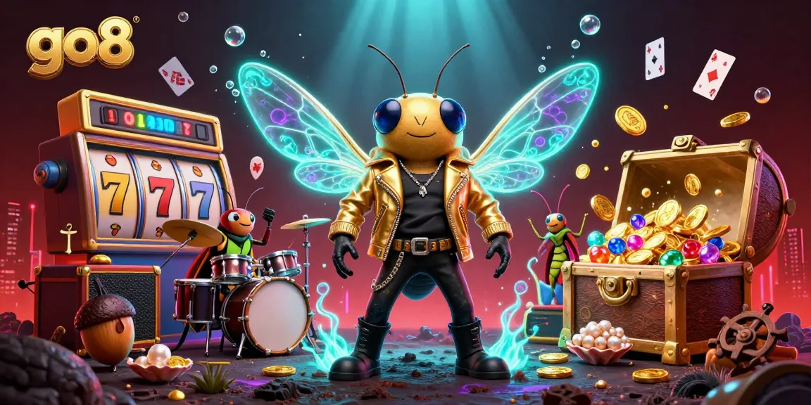 Engage in exciting gameplay featuring go8 with a 3D casino illustration showcasing rock stars and slot reels.