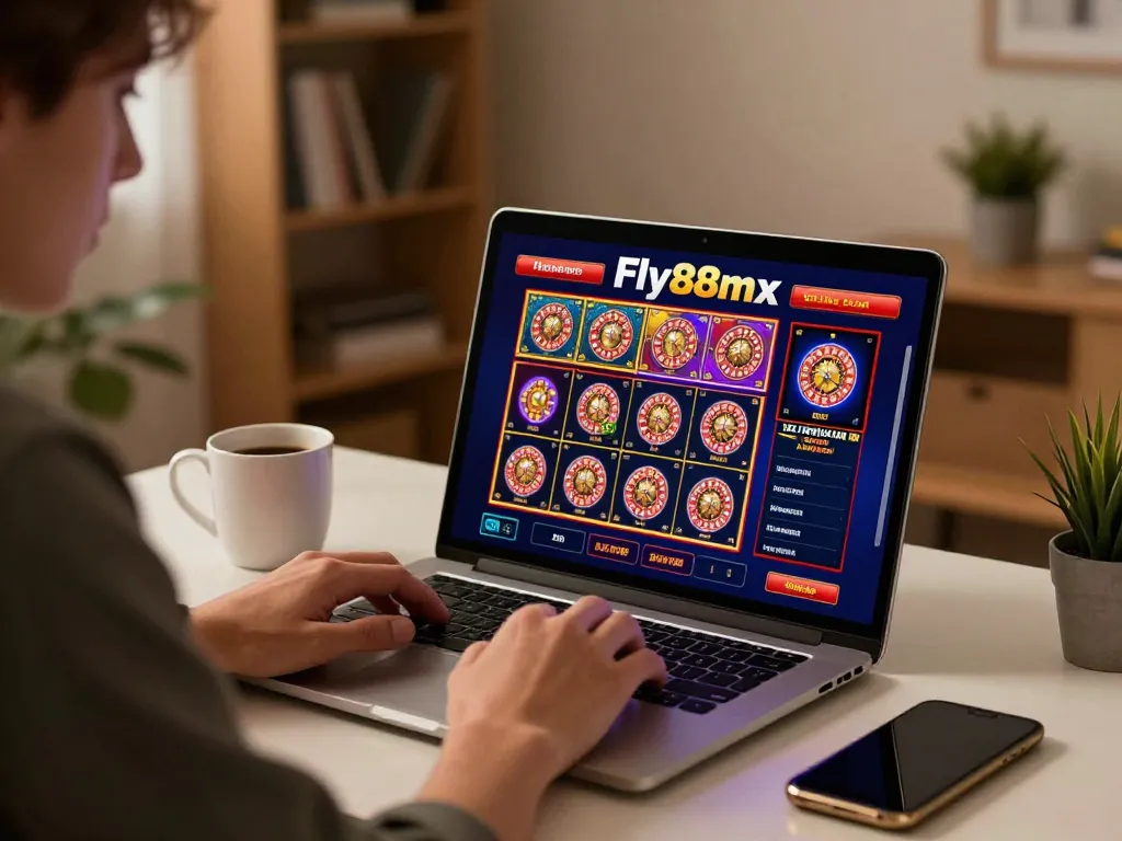 Engaged player exploring fly88mx online casino on laptop, showcasing vibrant gaming options.