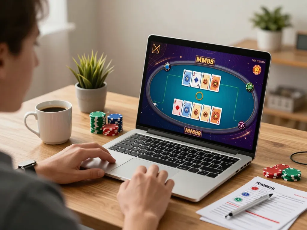 Player enjoying a thrilling MM88 poker game on laptop at home, surrounded by strategy notes and poker chips