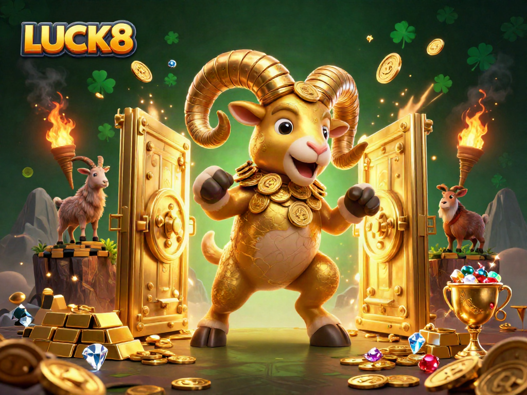LUCK8 tham gia vào một cuộc phiêu lưu may mắn với bày trí vàng rực rỡ và biểu tượng casino hấp dẫn.