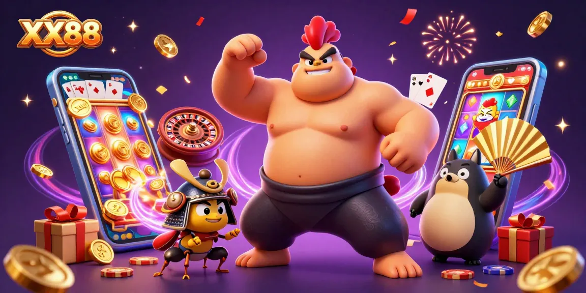 Engage in thrilling casino excitement with XX88 as a powerful sumo rooster and samurai cricket celebrate wins.