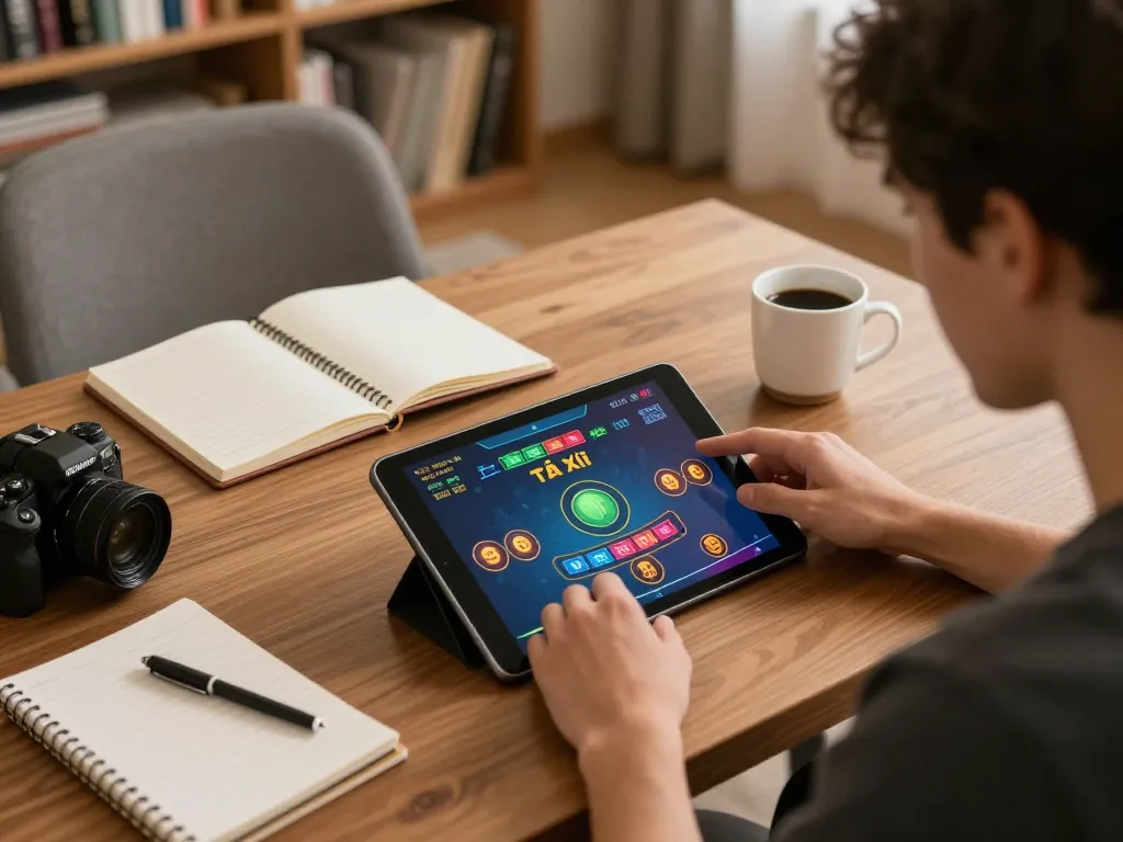 Player engages in Tài Xỉu on tablet at home, showcasing taixiuonlinego gaming strategy