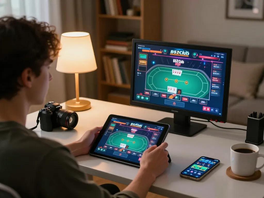 B52Club player enjoying a poker game on a tablet in a cozy home setting.