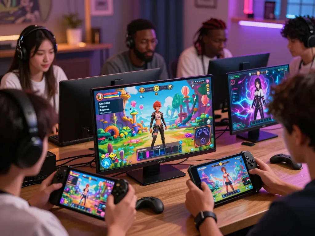 Engaging scene of players enjoying interactive porn games on various devices, showcasing vibrant characters and fantasy landscapes.