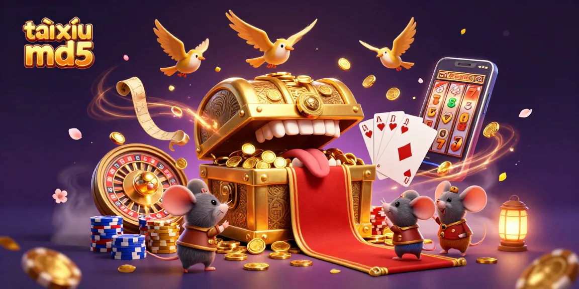Experience thrilling straks at tài xỉu md5 featuring a treasure chest, coins, and vibrant gaming elements.