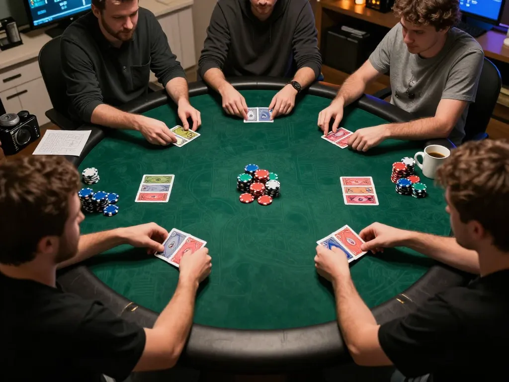 Players engaged in a thrilling online poker game with go8 strategy notes in view, showcasing responsible gambling.