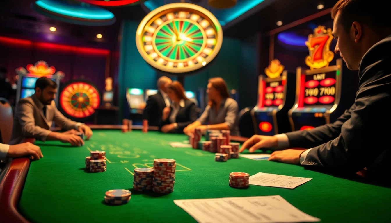 Players enjoying high-stakes gameplay at a luxurious casino featuring 789 win poker tables and vibrant slot machines.