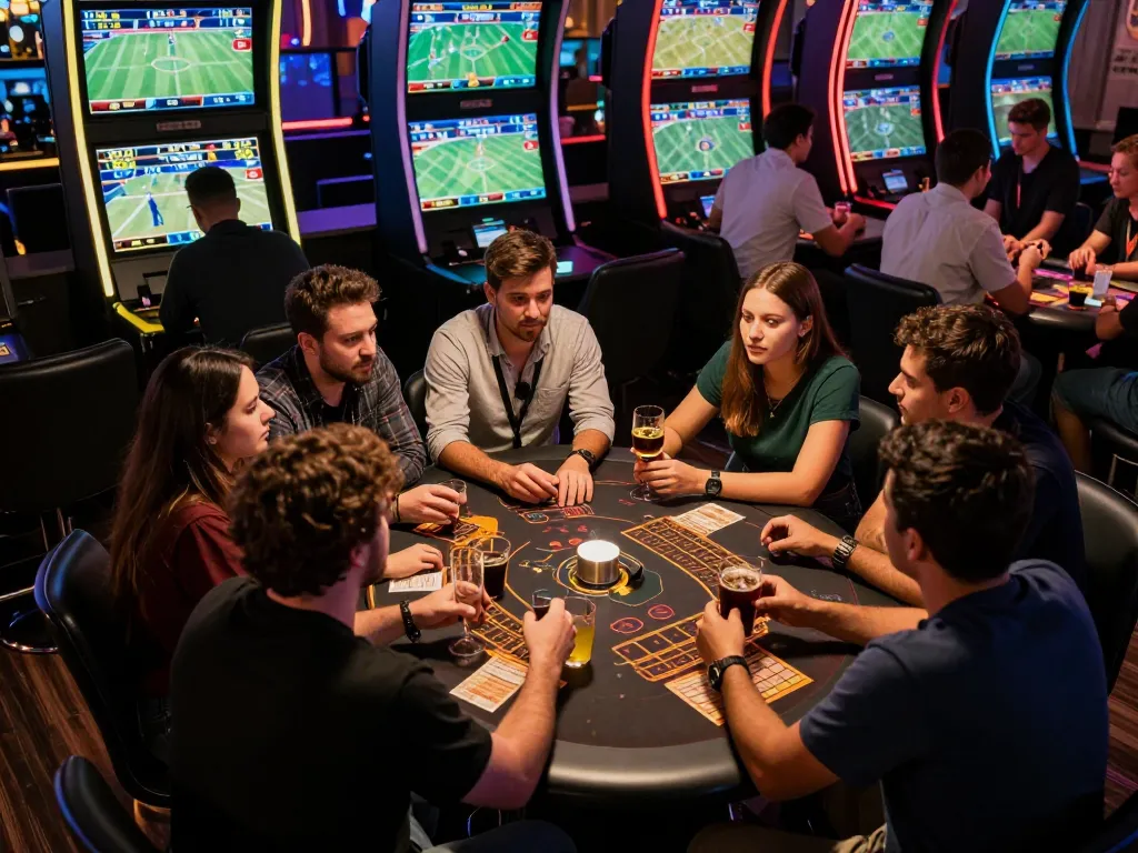 Alo8 players engaging in lively sports betting discussion over drinks and live game screens