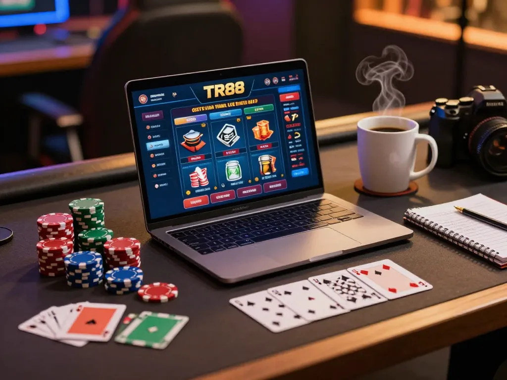 Engage in exciting TR88 online casino gameplay with poker chips and strategy notes in the scene.