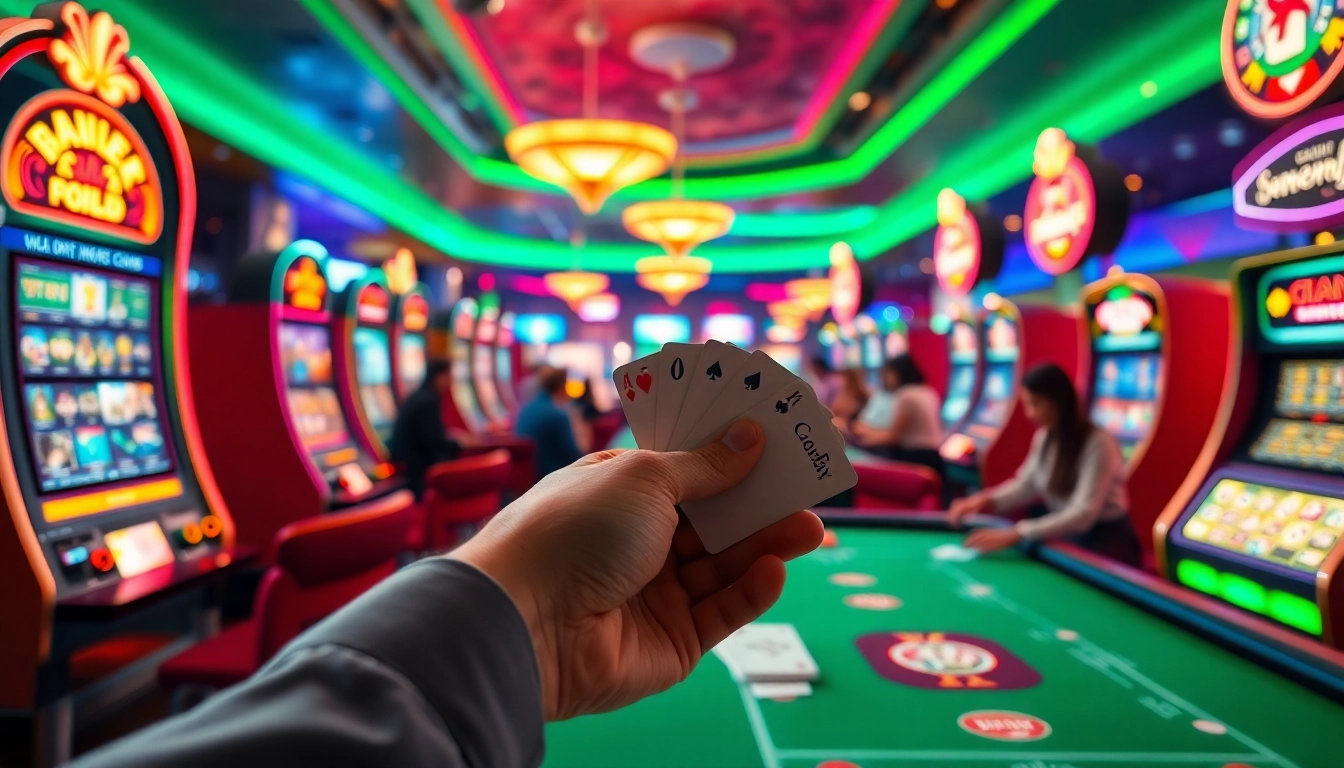 Rikvip club gaming experience featuring vibrant slot machines and players at card tables.