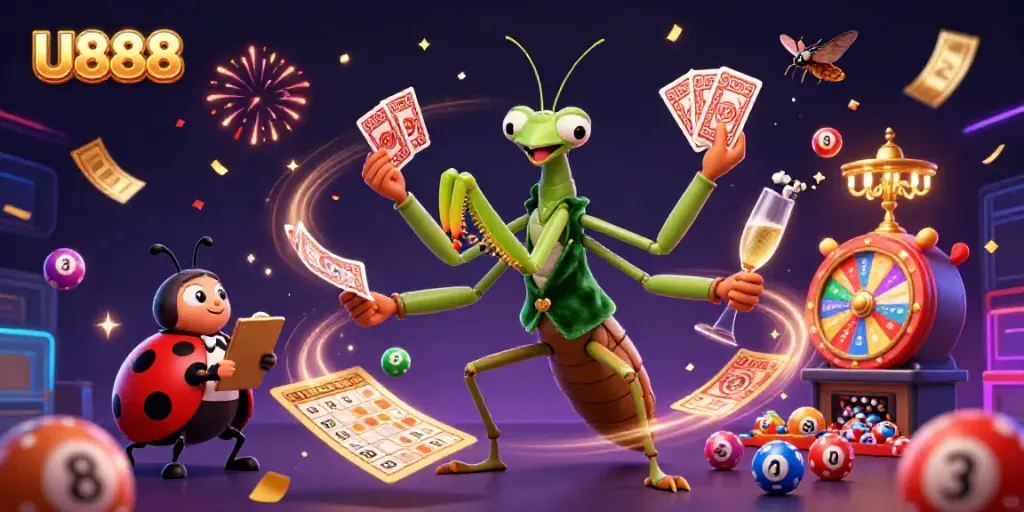 Witness U888 in action with lively cartoon characters amidst vibrant casino elements and lottery excitement.