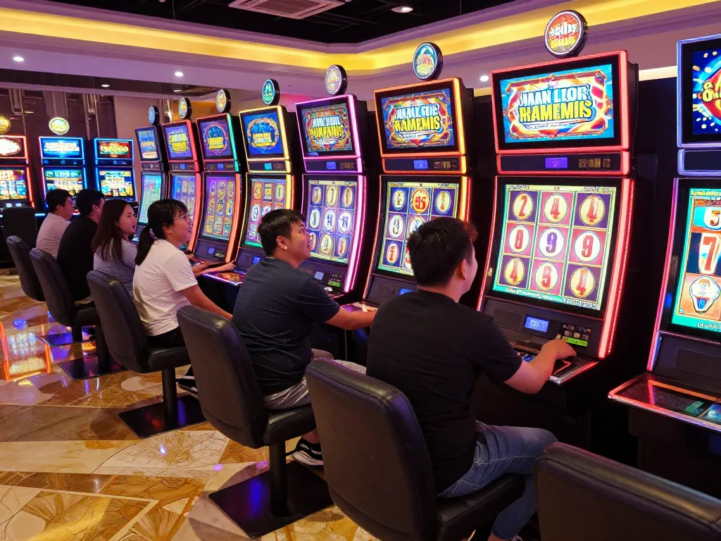 Players enjoying the excitement of Slot Malaysia at colorful casino slot machines.