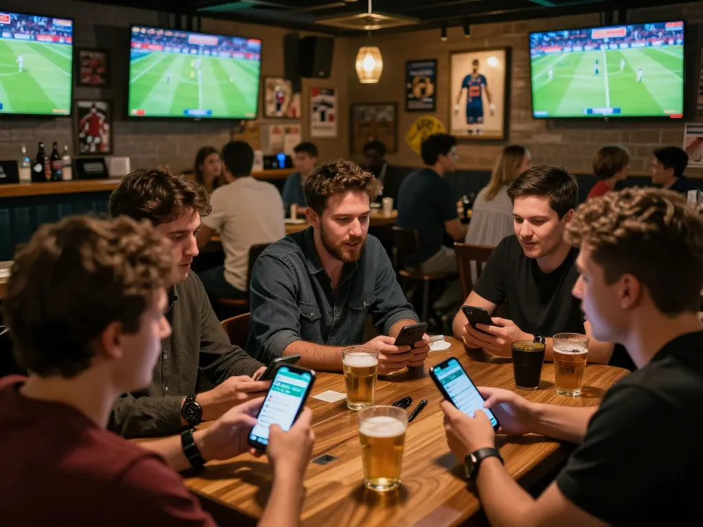 Excited patrons engaging in soccerbetting at a vibrant sports bar with live games on screen.