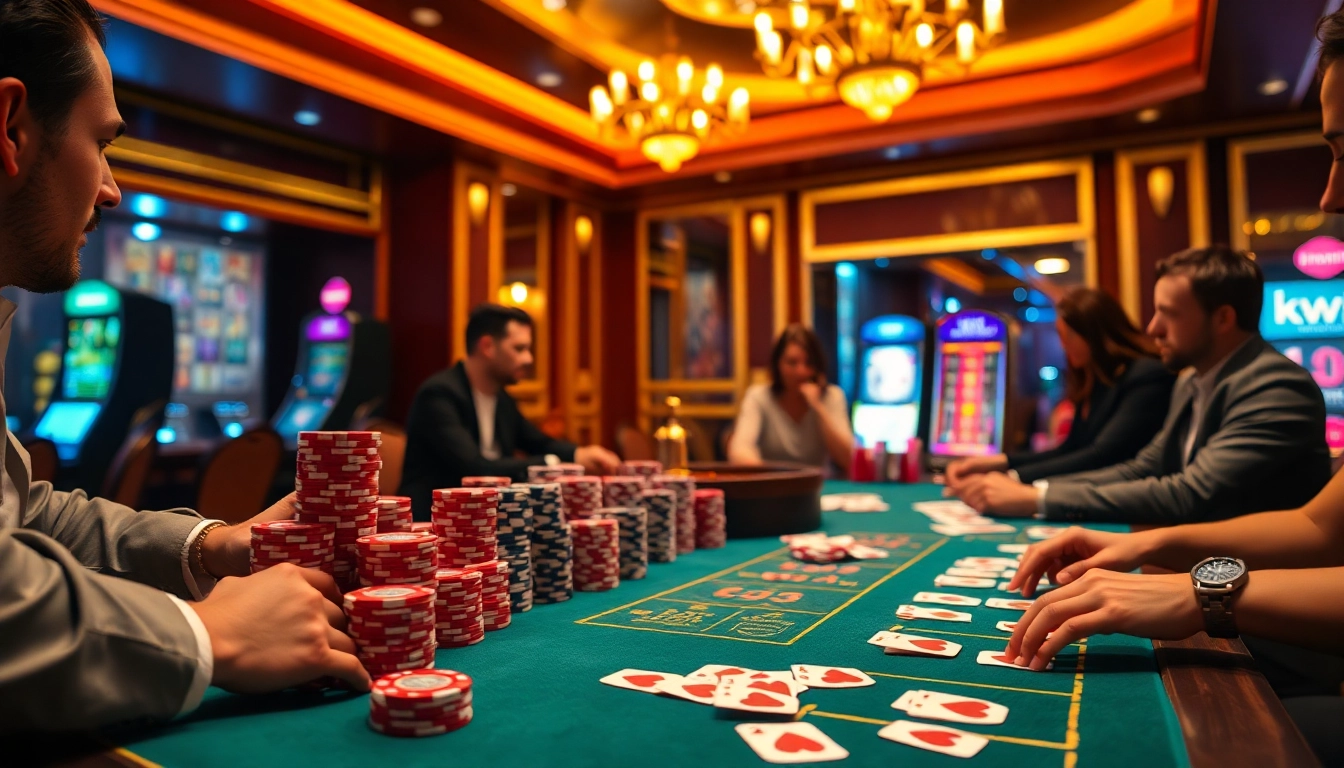 Players enjoy a thrilling poker game at kkwin's casino table, displaying excitement and high-stakes tension.
